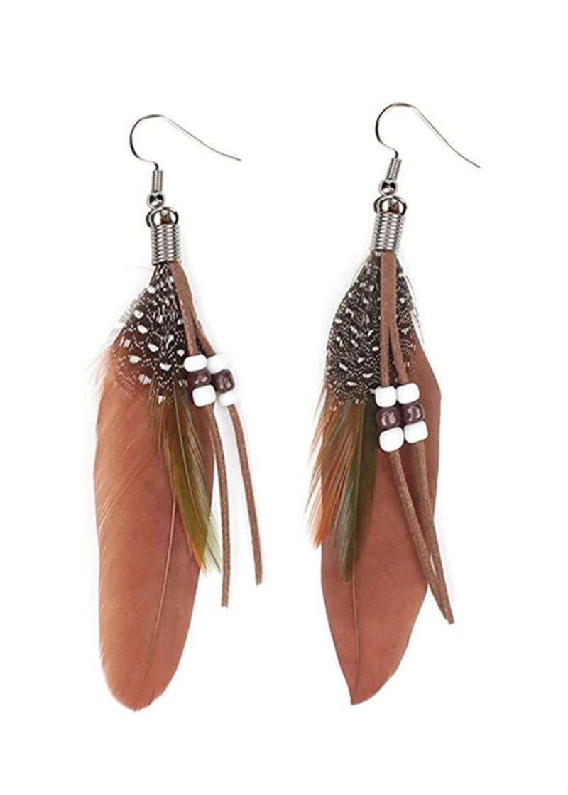 KISSPAT Nature Feather Dangle Earrings, Brown, 3-3.5 in Length, Alloy Hook, Handmade - Image 1